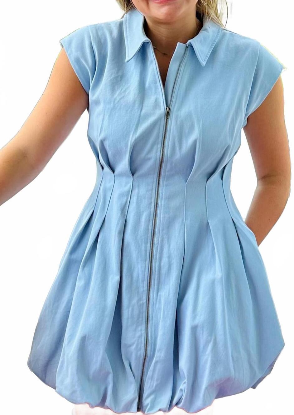 NEW AUREUM utility bubble hem mini dress in light blue